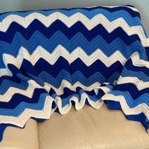 Chevron Large Crocheted Blanket Blue and White, Vintage Handmade Chevron Blanket